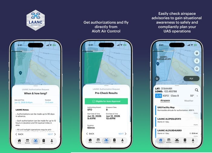 Screenshots of the Aloft Air Control app showing a LAANC authorization request, its approval and live airspace advisories