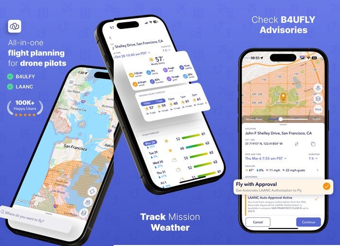 Screenshots of the AutoPylot drone app showing the airspace map, mission weather forecast and B4UFLY advisories