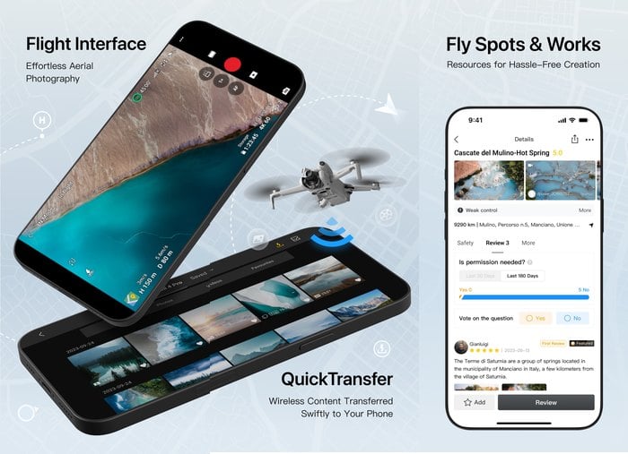 Screenshots of the DJI Fly app showing the live flight interface, QuickTransfer file browser and the Fly Spots location guide