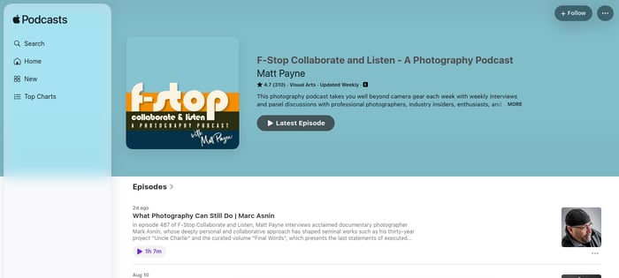 Screenshot of the F-Stop Collaborate and Listen podcast listing on Apple Podcasts