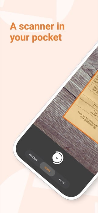 A screenshot of Genius Scan's capture screen with the Photos, Scan, and Files modes