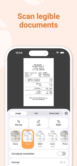 A screenshot of Genius Scan's editing screen with recrop, rotate, and filter options