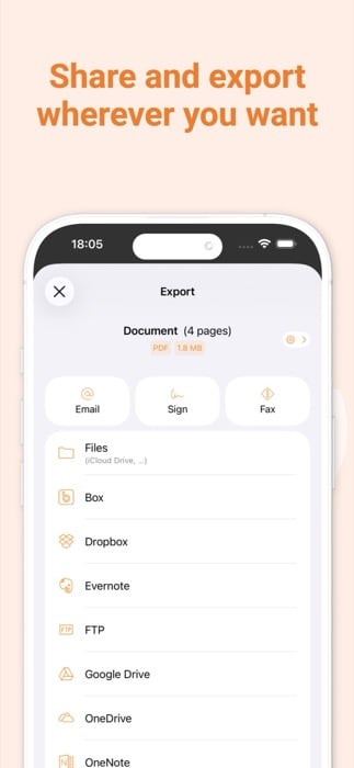 A screenshot of Genius Scan's export screen with email and cloud storage options