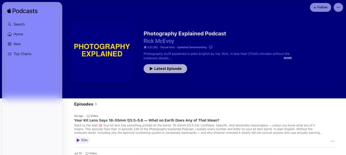 Screenshot of the Photography Explained Podcast listing on Apple Podcasts