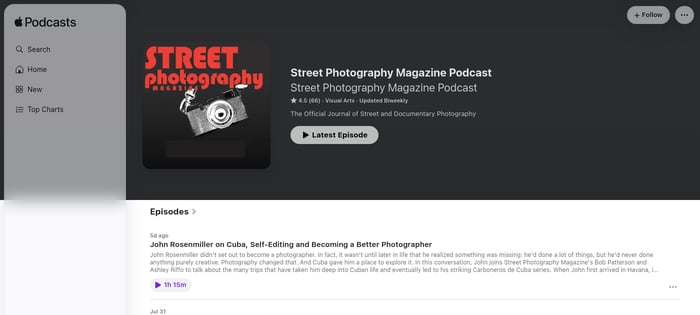 Screenshot of the Street Photography Magazine Podcast listing on Apple Podcasts