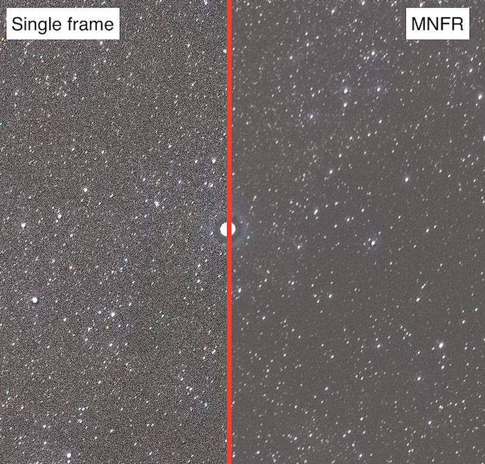  porovnání účinku provedení MFNR na hvězdné pole po automatickém zarovnání 32 snímků.