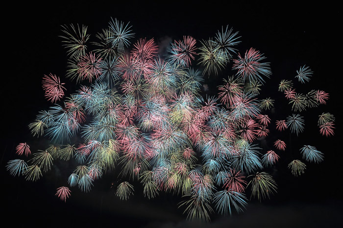 Fotografia de fogos de artifício de um pequeno grupo de fogos de artifício de salgueiro vermelho, amarelo e azul