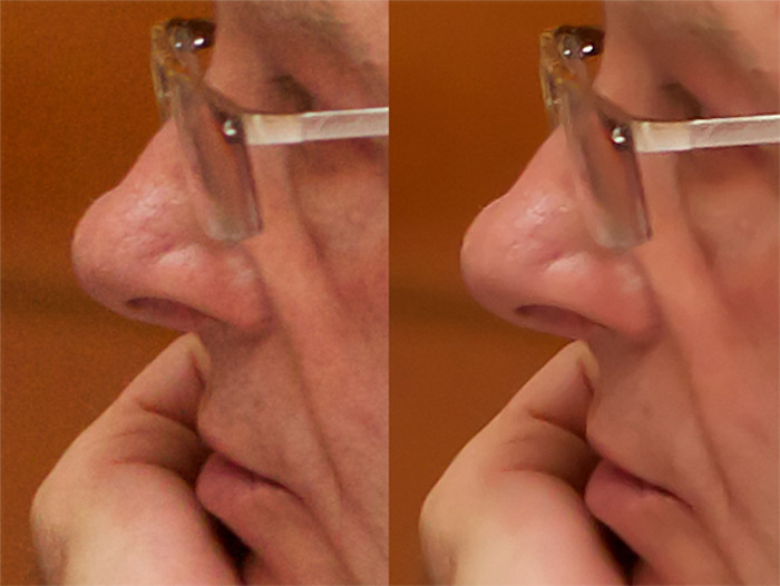 A diptych showing a before and after comparison of using noise reduction in Adobe Lightroom on a portrait photo