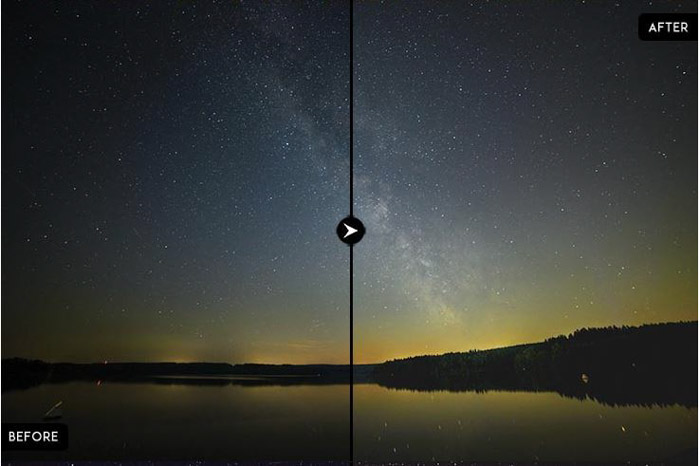 Mostrando uma imagem antes e depois da Via Láctea usando predefinições gratuitas do Lightroom - fotografia Astro
