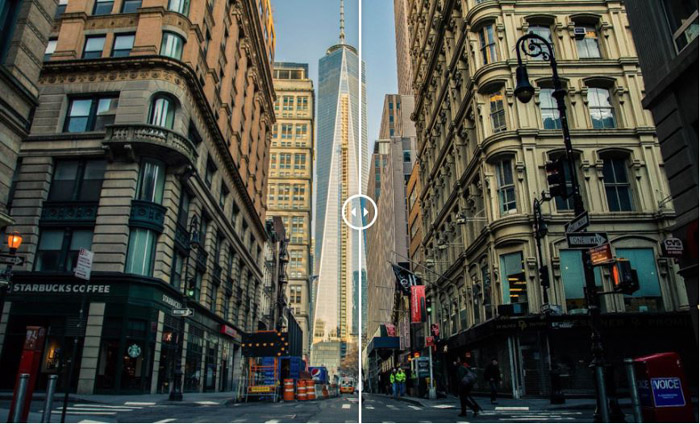 Mostrando uma imagem antes e depois de uma cidade dos EUA com o filme VSCO gratuito das predefinições do Lightroom