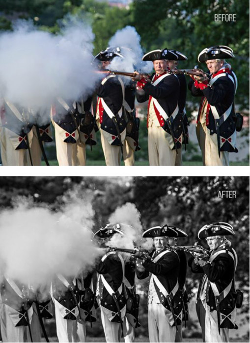Mostrando uma fotografia antes e depois de uma milícia usando predefinições gratuitas do Lightroom - preto e branco nítido