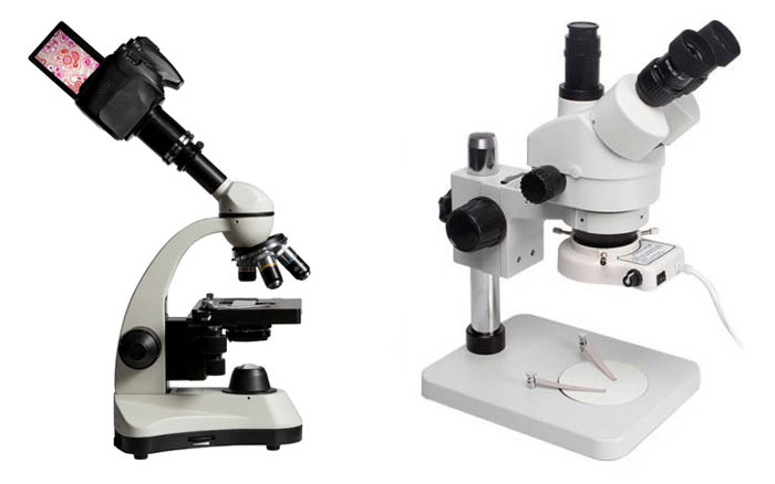  Deux microscopes de photographie en gros plan sur fond blanc 