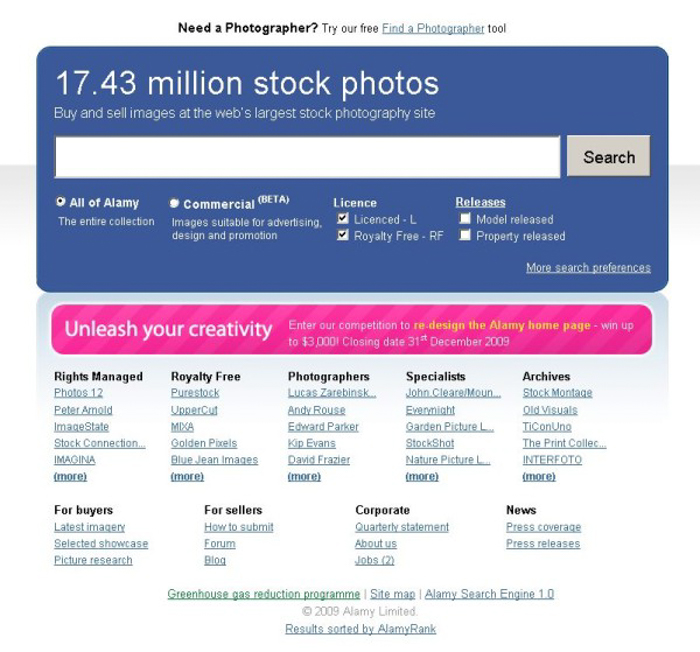 Een screenshot van de website van het stockfotografiebureau Alamy