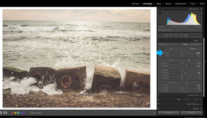 skærmbillede af brug af Adobe lightroom til efterbehandling af et seascape photo