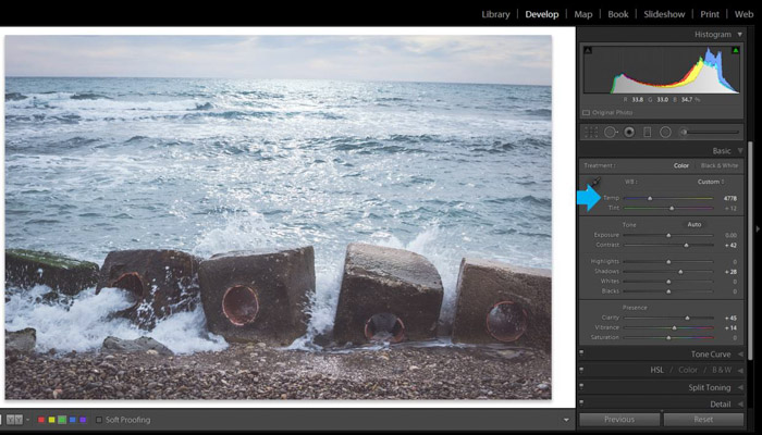 Ein Screenshot von Adobe Lightroom für die Nachbearbeitung strandfotografie