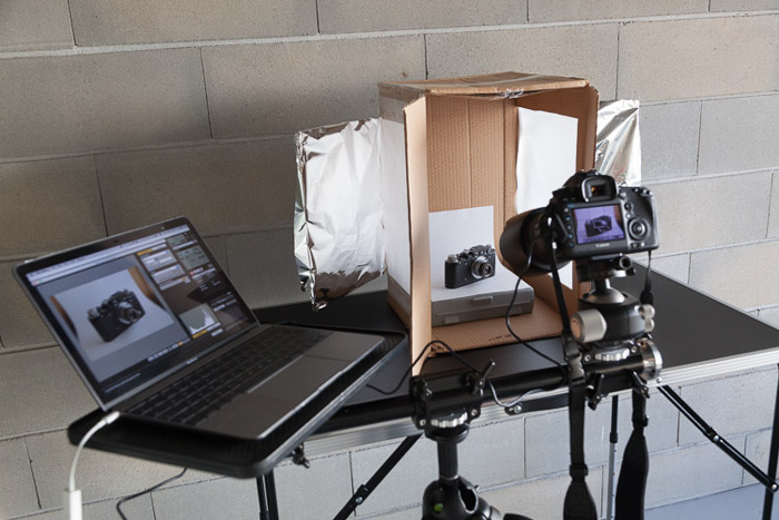 A homemade lightbox set up for a product photo shoot