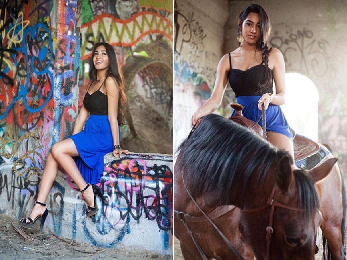 Díptico Retrato de una modelo femenina sentada en una pared y a caballo