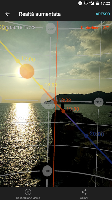 O caminho do sol, como visto na seção de Realidade Aumentada do aplicativo móvel PhotoPills. 