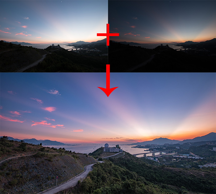 Diagrama de três fotos de paisagens para usar máscaras de luminosidade para combinações digitais
