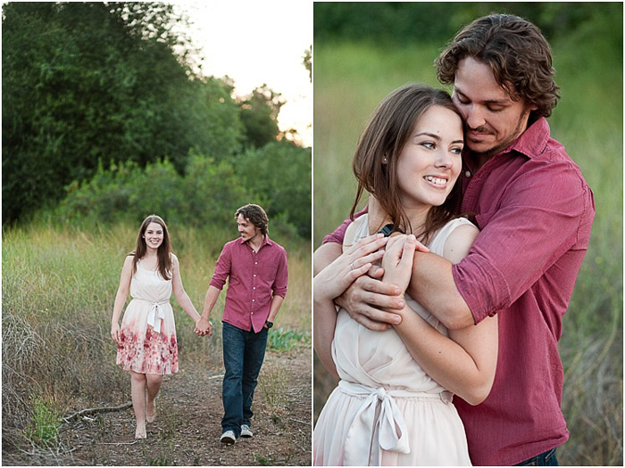 Bright and airy engagement photography diptych of the couple embracing outdoors
