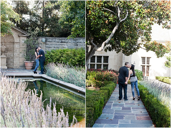 Bright and airy engagement photography diptych of the couple embracing in a garden