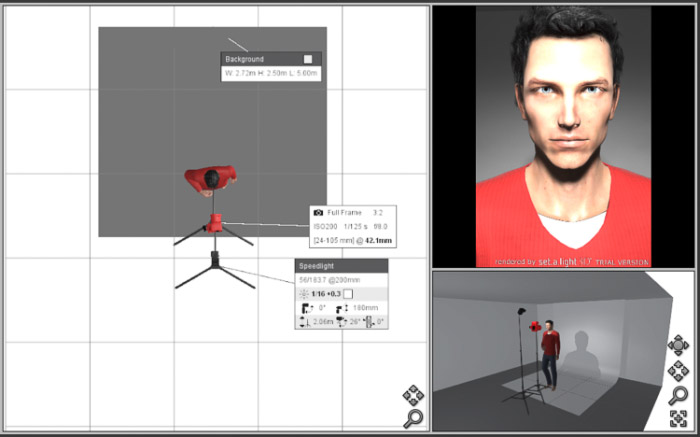 A configuração do estúdio virtual criando com o software set.a.light 3D STUDIO.  Fotografia Platon.