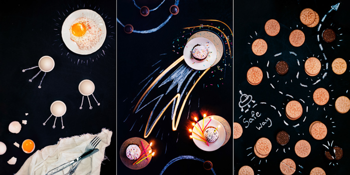 Overhead still life photography ideas triptych of fun food photography on dark background with chalk drawings