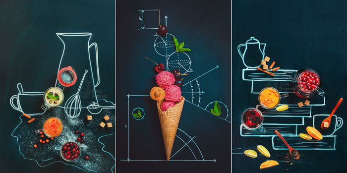 Overhead-Triptychon von lustiger Food-Fotografie auf dunklem Hintergrund mit Kreidezeichnungen - Ideen für Stillleben-Fotografie.