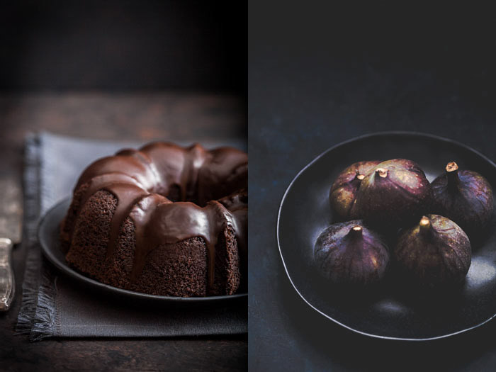 Still life food photography diptych of chocolate cake and a bowl of figs on dark background. 