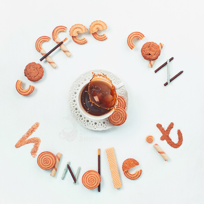 Cool still life photography ideas arrangement of biscuits spelling 'coffee can handle it' framing a coffee cup 