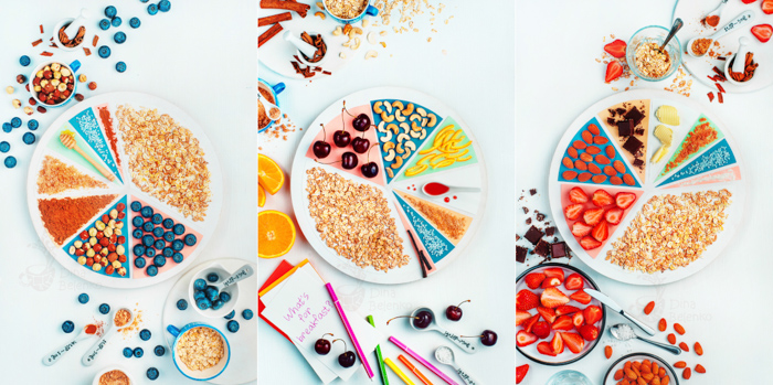 Fotografía aérea de una divertida fotografía de comida sobre fondo blanco: un gráfico de tarta de cereales y frutas