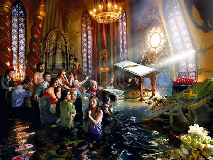 David LaChapelle hype realistic shot of a flooded church 
