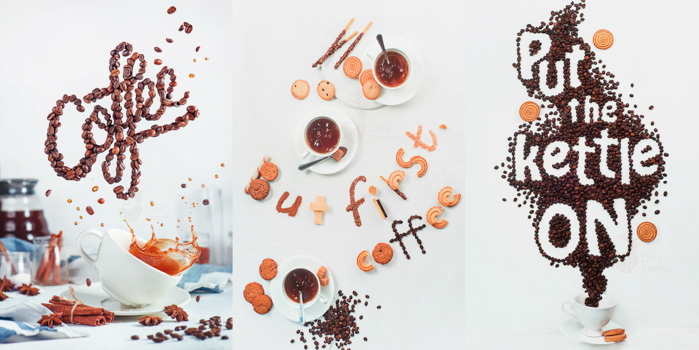 Triptychon Food photography shot mit Kaffeebohnen und Keksen, um die Messgaes 'Kaffee', 'aber zuerst, Kaffee' und 'setzen Sie den Wasserkocher auf' in create Food Art typography