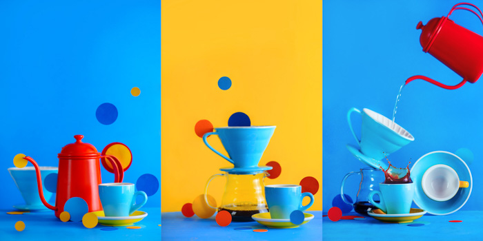 Fotos divertidas de tríptico de equipo de elaboración de café sobre fondo azul y amarillo brillante