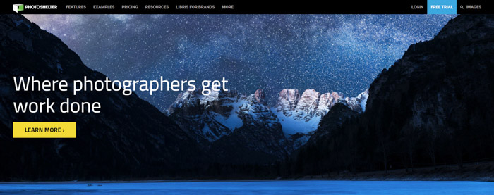 Screenshot della homepage di Photoshelter per vendere foto online