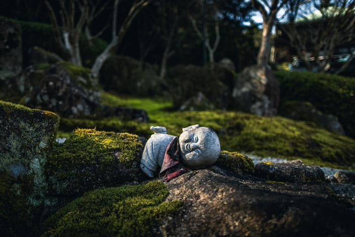 Foto di una statua di buddha su un campo con l'effetto bokeh