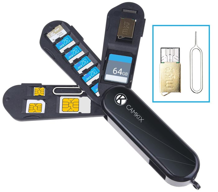 Imagem do cartão de memória CamKix e estojo de armazenamento do cartão SIM