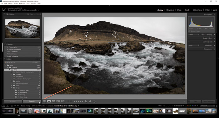 et skærmbillede, der viser, hvordan du eksporterer dine fotos fra Lightroom ved hjælp af et landskabsfoto