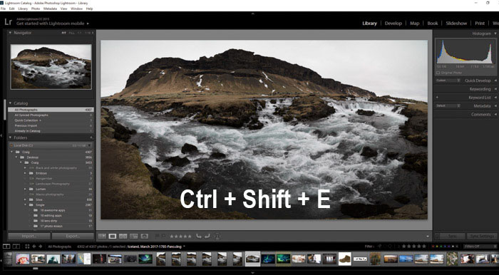 o captură de ecran care arată cum să exportați fotografii din Lightroom folosind o fotografie peisaj