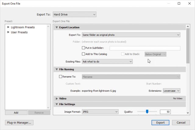 screenshot of Lightroom export settings