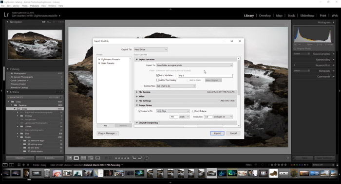 zrzut ekranu pokazujący, jak eksportować zdjęcia z programu Lightroom za pomocą zdjęcia krajobrazu - ustawienia eksportu programu lightroom