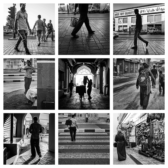 une grille de 9 photos, chacune montrant une photographie de rue en noir et blanc différente