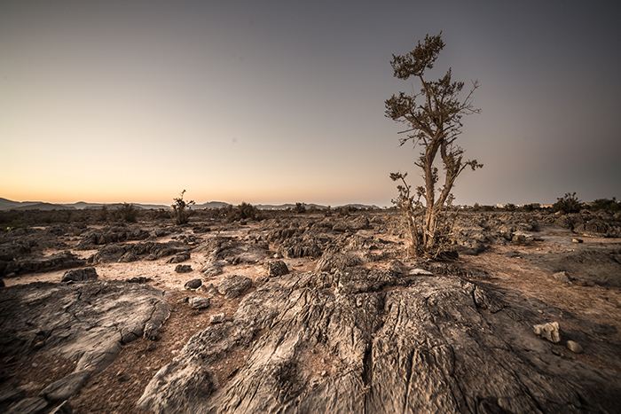 Un paysage aride et rocheux au coucher du soleil