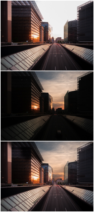 a cityscape triptych ND filter to improve the sky when capture light trails at dusk.