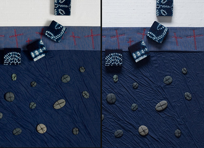 Sebuah diptych karya seni tekstil biru dari perspektif yang berbeda