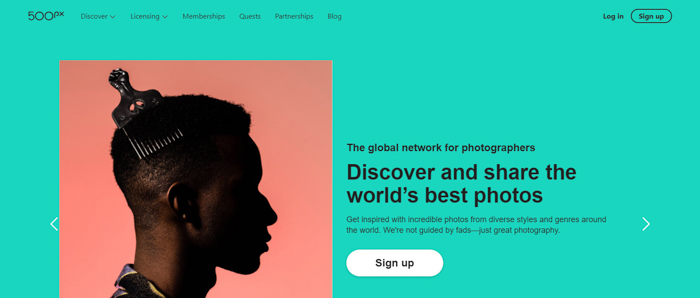 Screenshot der 500px-Website für Fotografen