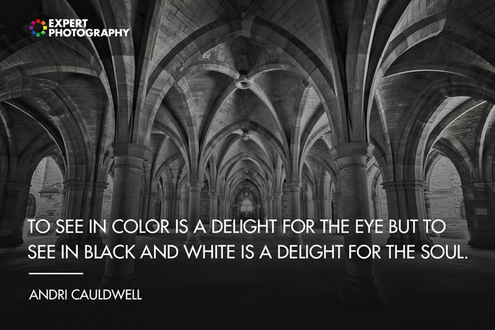 O interior de uma igreja de pedra sobreposta com citações em preto e branco de Andri Cauldwell