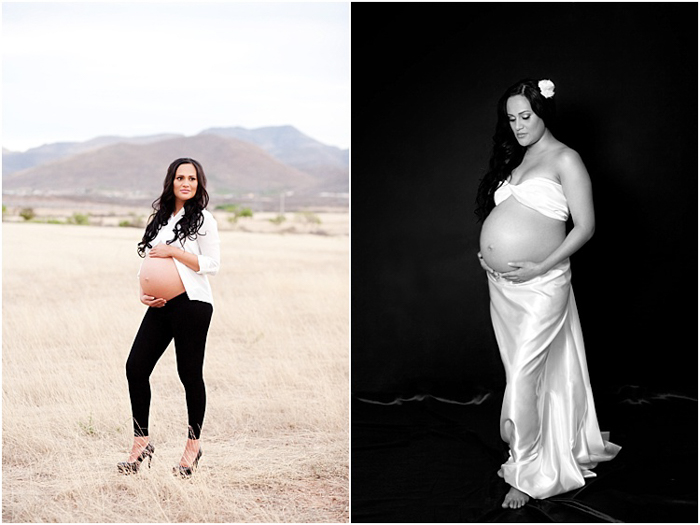 wanita hamil, pemotretan, dua foto.  Wanita berbaju putih di luar ruangan, foto hitam putih dengan wanita bergaun putih