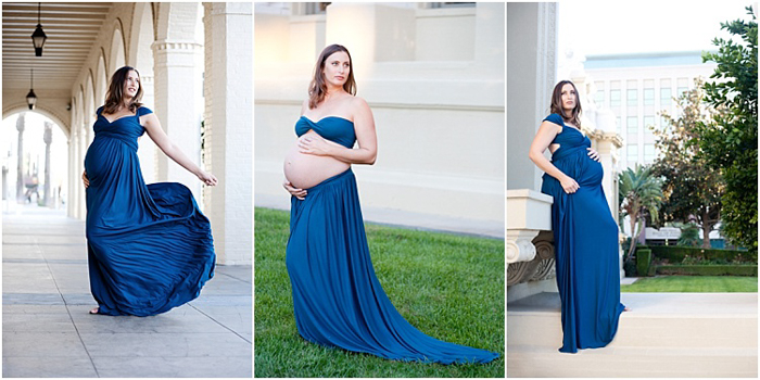 pemotretan bersalin di luar ruangan, wanita hamil dengan gaun bungkus biru kerajaan