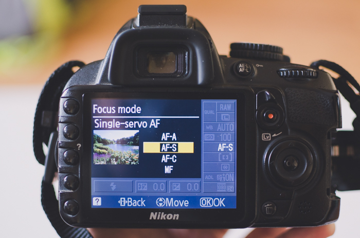 Een foto van het scherpstelstand menu op een Nikon camera- DSLR fotografie camera instellingen